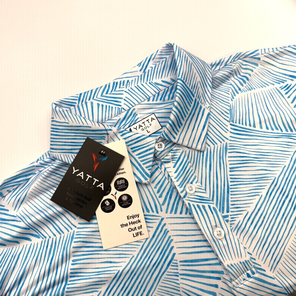 Yatta Golf Mens Performance Polo Shirt Blue White Geometric Print Large NWT